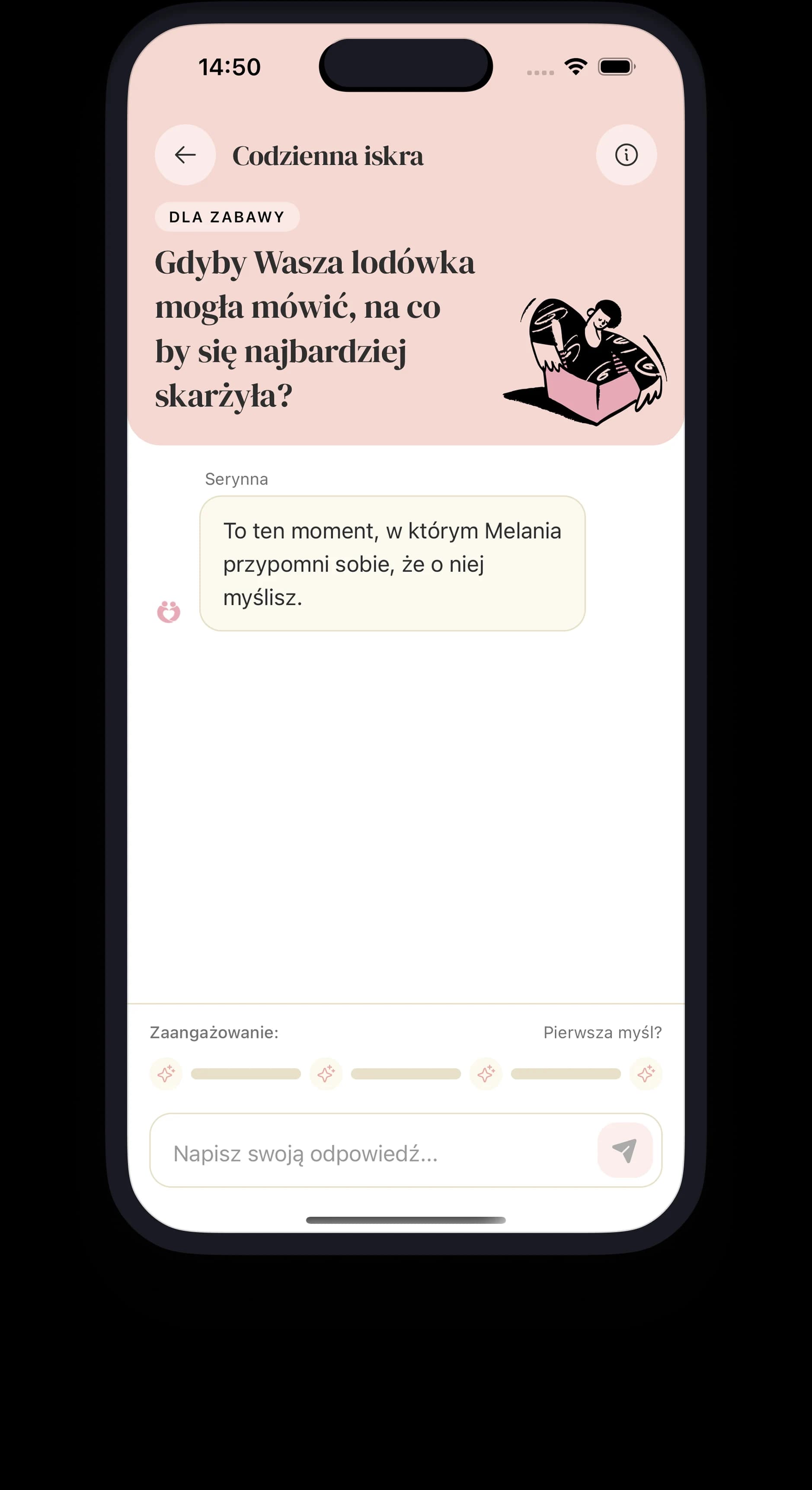 Ekran Codziennej Iskry - pytanie dnia z polem do odpowiedzi